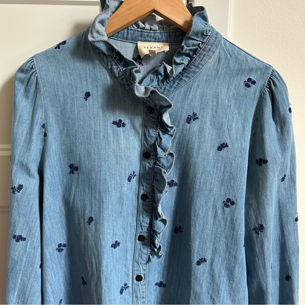 Sézane Chlo Blue Ruffle Denim Shirt Floral Embroidery - Picture 6 of 10